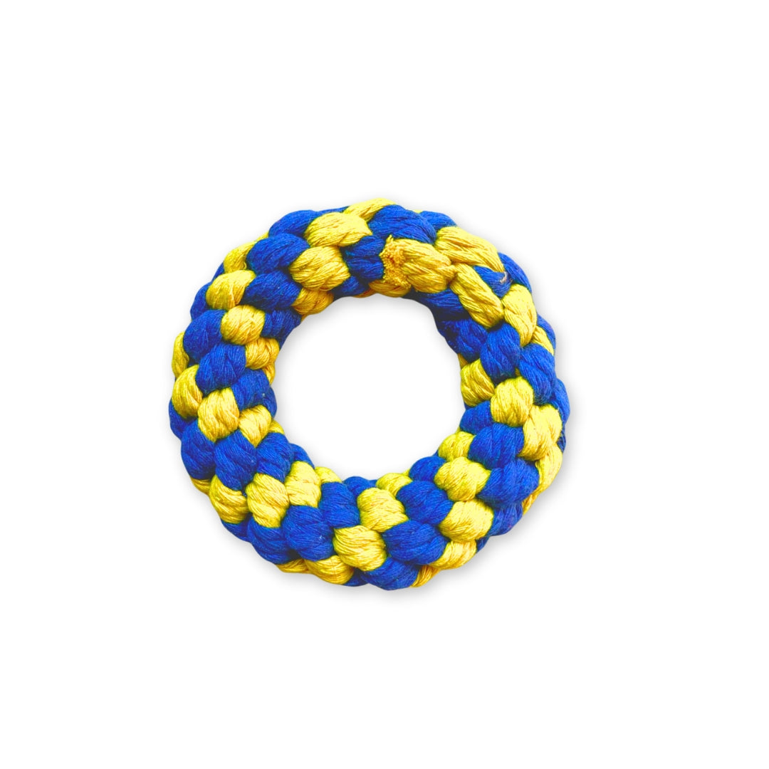 a blue and yellow ring rope toy for dogs