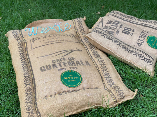 Custom embroidered pet bed made from natural coffee bag