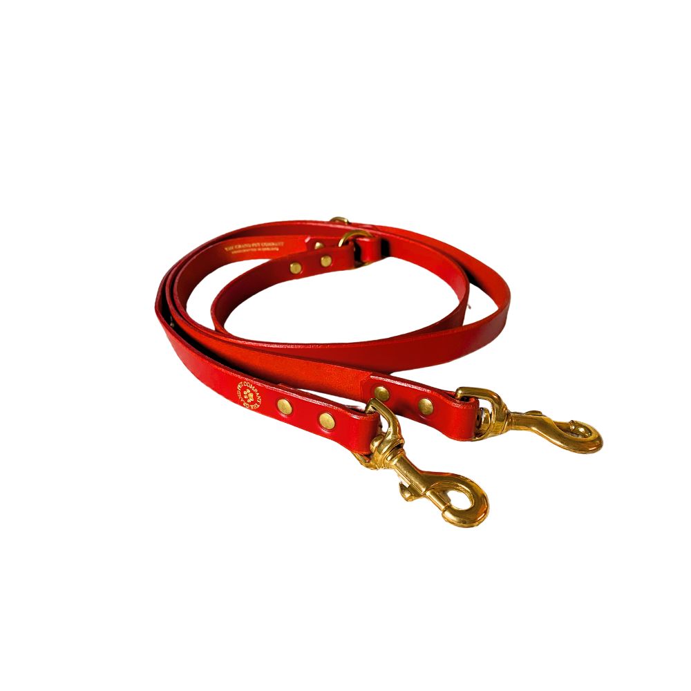 A rose pink three-way leather dog lead with brass hardware from The Grand Pet Company