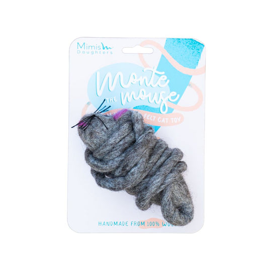 A handcrafted grey felt toy mouse with a label indicating it is a 20-long tail felt toy, made from 100% wool.
