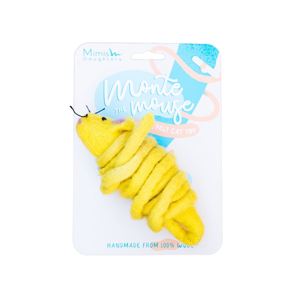 A handcrafted yellow felt toy mouse with a label indicating it is a 20-long tail felt toy, made from 100% wool.