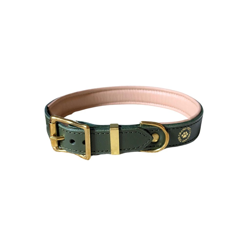A green padded leather dog collar with brass hardware, including a buckle and a ring, and an embossed gold foil logo on the collar from The Grand Pet Company
