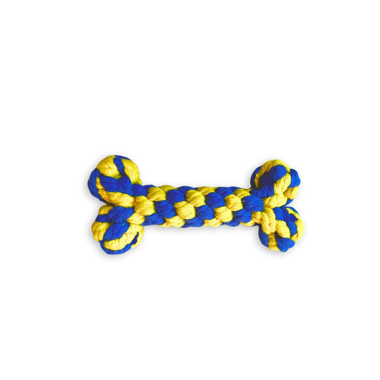Yellow and blue rope bone shaped top for pets