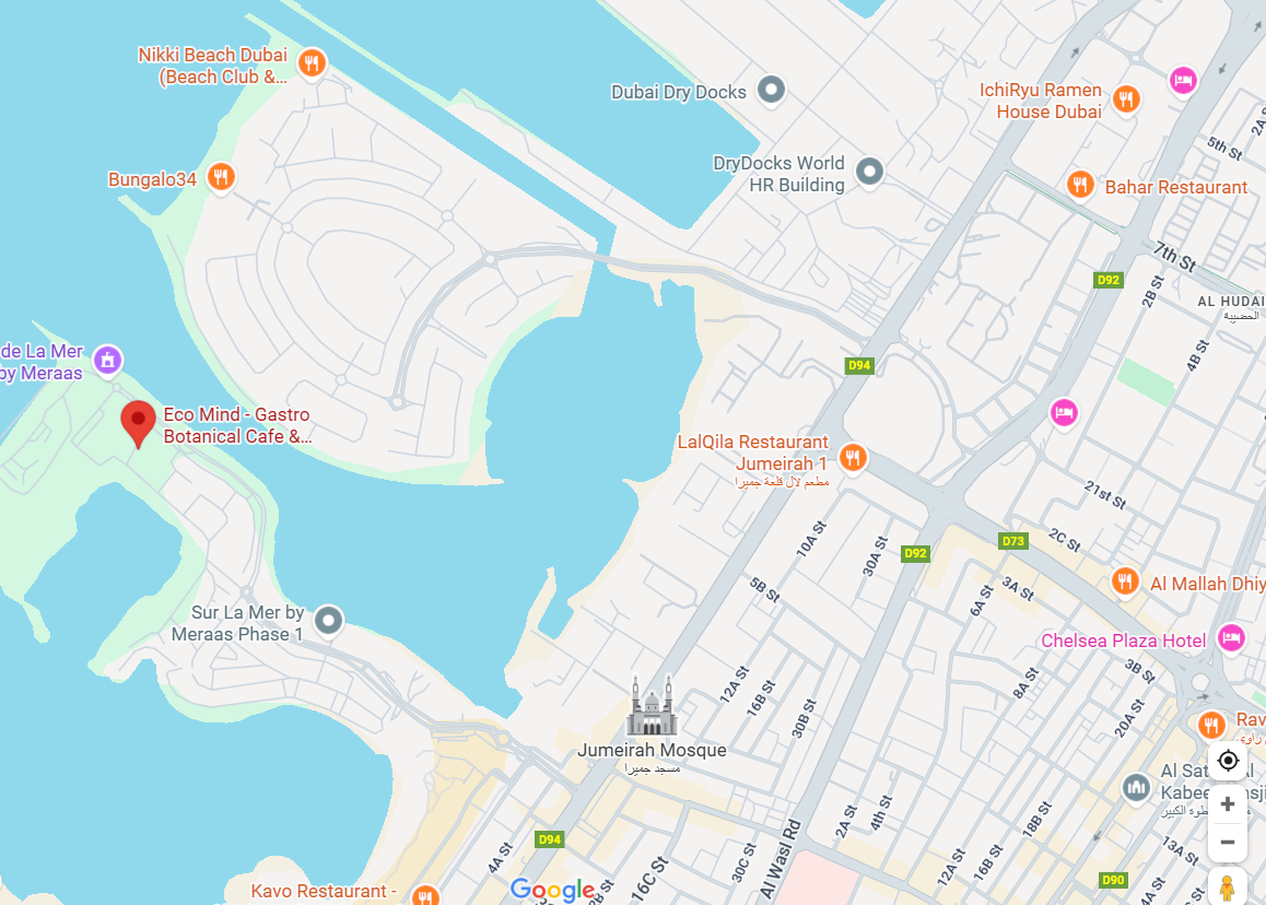 Map showing the location of Eco Mind Gastro Botanical Cafe in Dubai's Port de La Mer area – partner site for The Grand Pet Company