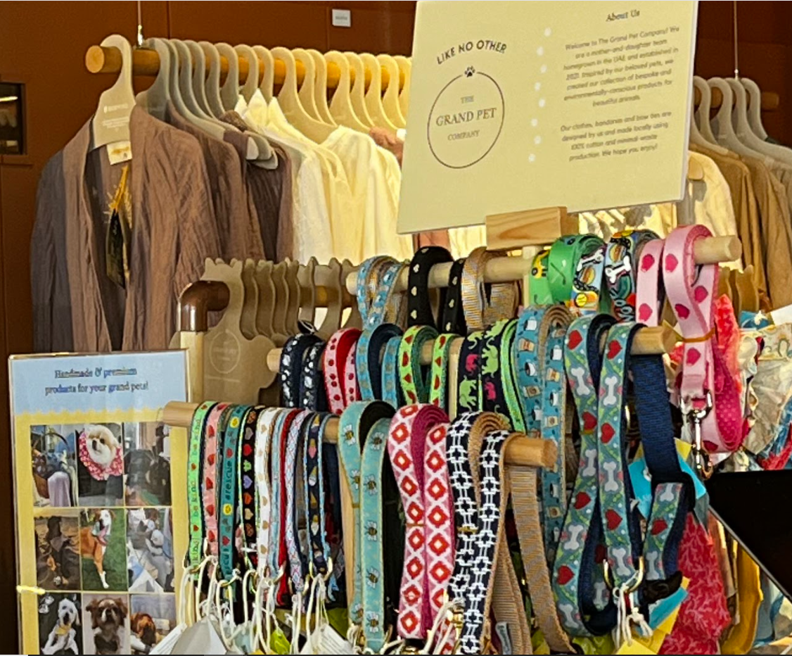 Selection of high-end dog collars and leashes on display at The Grand Pet Company outlet in Eco Mind, Dubai