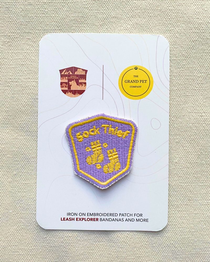 Sock Thief embroidered pet patch from The Grand Pet Company Dubai
