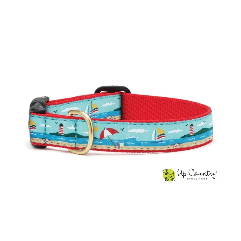 Dog collar with beach-themed design and red strap on a white background