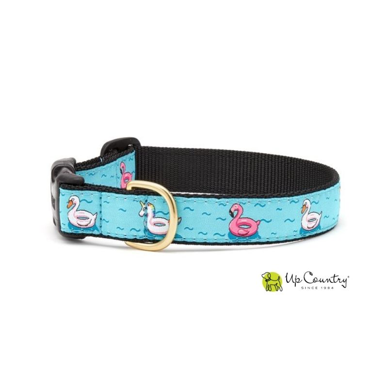 Dog collar with unicorn, duck and flamingo inflatables on a blue wave background on black webbing.