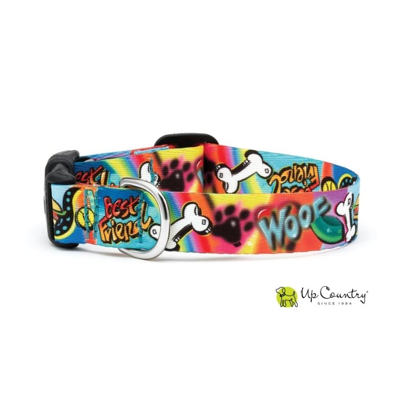 Colorful dog collar with graffiti-style design and 'Up Country' branding on a white background