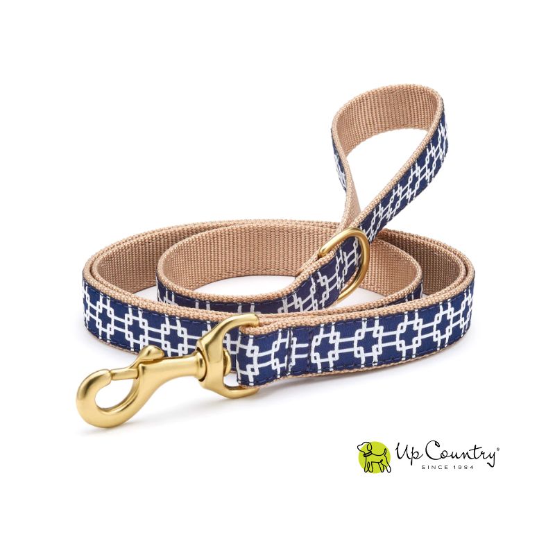 A 5-foot long dog leash with a navy and white gridlock pattern in blue and brown, featuring a solid brass D-ring near the handle.