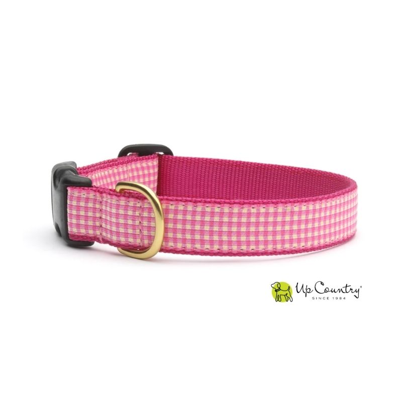 Pink gingham dog collar with a gold buckle on a white background, featuring the 'Up Country' brand.