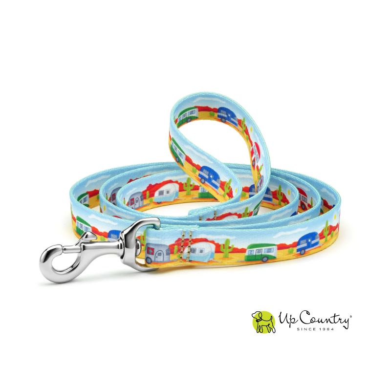 Colorful dog leash with cartoon camper van design on a white background, featuring the 'Up Country' brand.