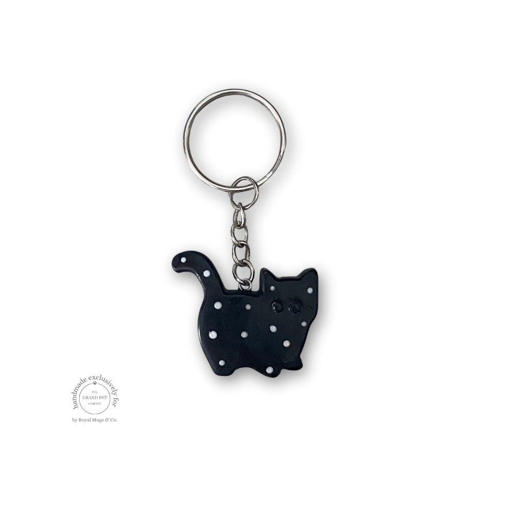 2D Black and White Polka Dot Cat Keychain Silver