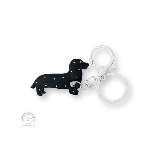 2D Black and White Polka Dot Dachshund Keychain White