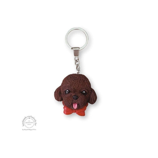 Chocolate Poodle with Red Bow Keychain Silver