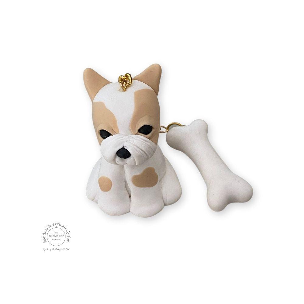 Tan and White French Bulldog with Bone Keychain Gold