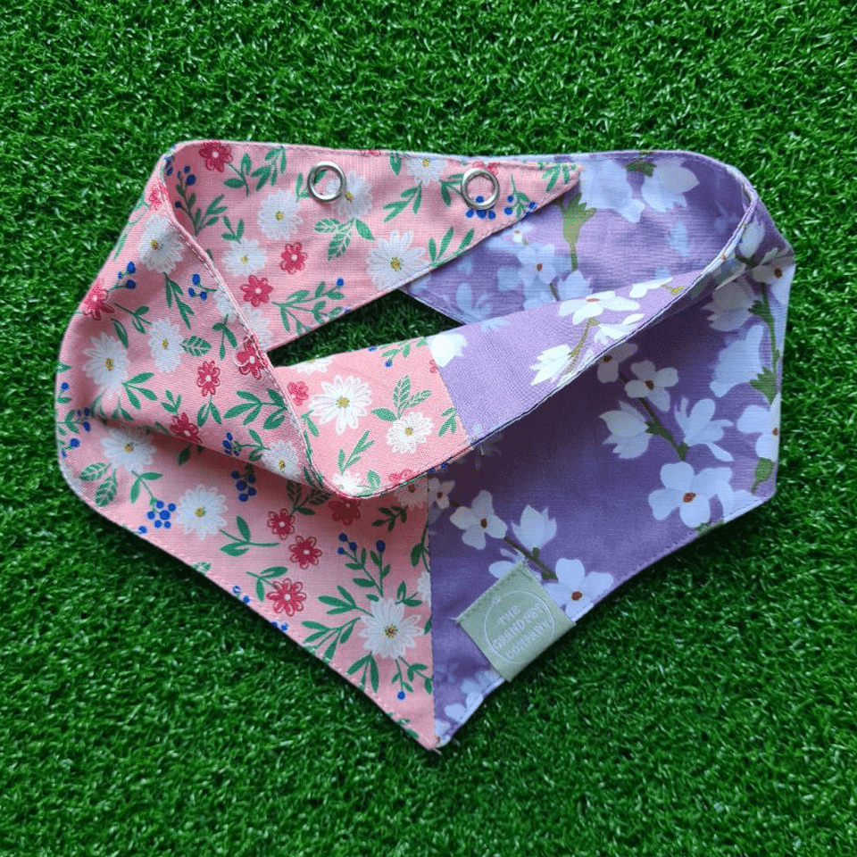 Pink and Purple Flowers Half and Half Dog Bandana