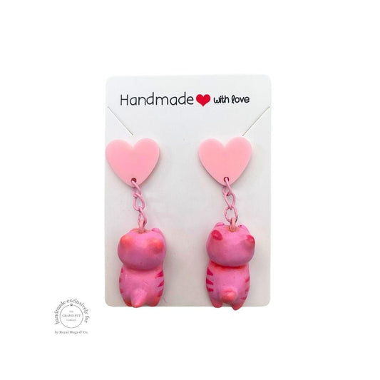 Pink Cat Pink Heart Earrings