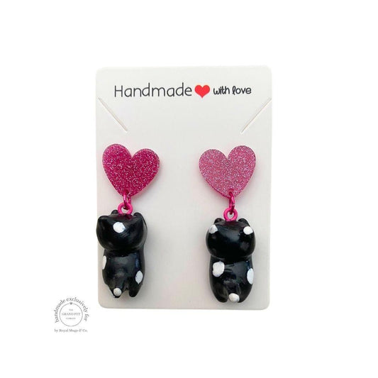 Polka Black and White Cat with Dark Pink Glitter Heart Earrings