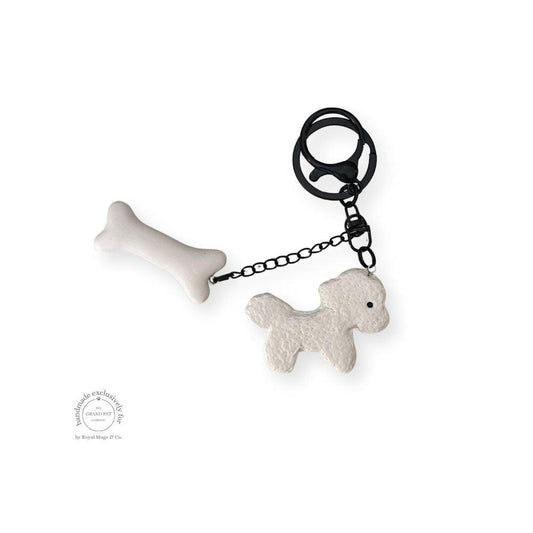 White Poodle and Bone Keychain Black