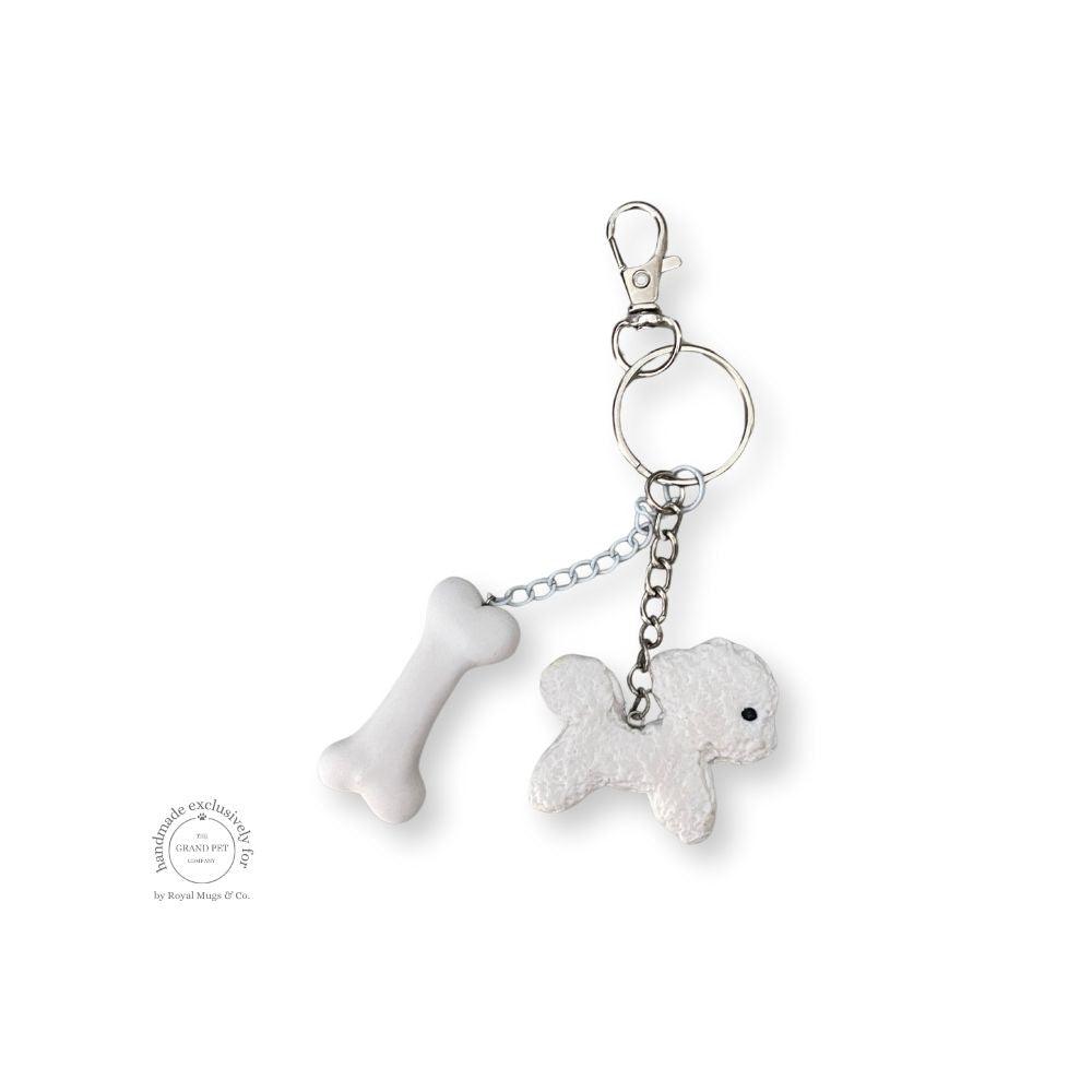 White Poodle and Bone Keychain Silver