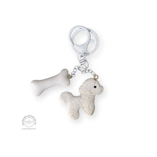 White Poodle and Bone Keychain White