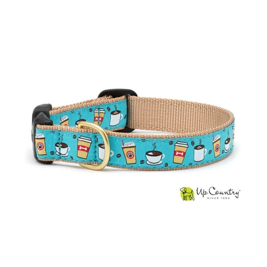 Dog collar with coffee-themed design of coffee cups and beans on a blue background and tanned webbing.