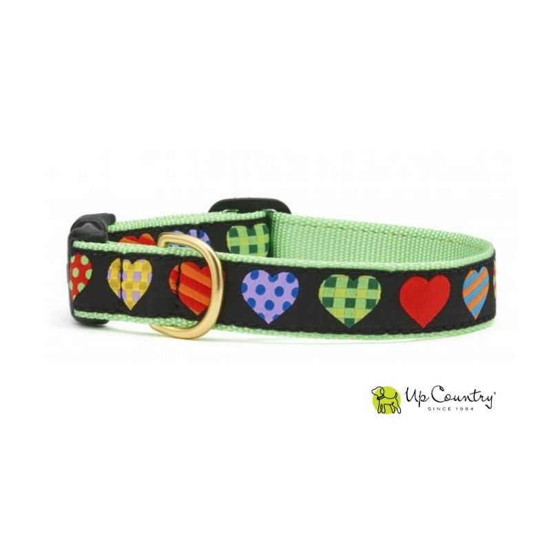 Dog collar with colourful heart patterns on a black background and lime green webbing, featuring the brand 'Up Country'.