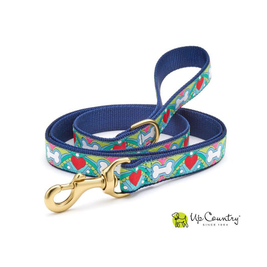 Dog leash with colorful heart and bone pattern and gold clasp on a white background, featuring the 'Up Country' brand.