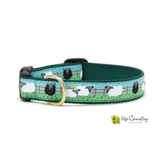 Dog collar with sheep in the fields design on green webbing