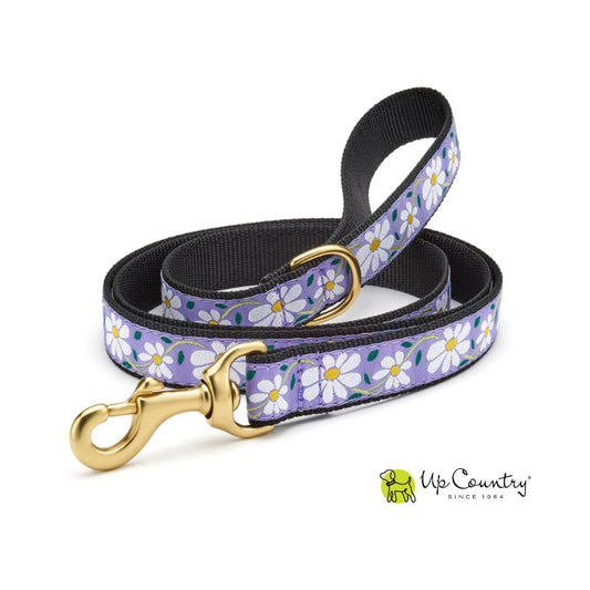 Dog leash with purple and white floral pattern and gold clasp on a white background, featuring the 'Up Country' brand.