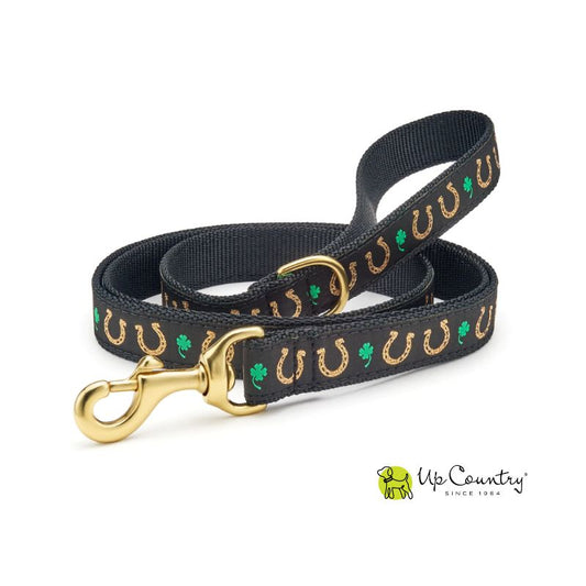 Dog leash with horseshoe and clover pattern on a white background, featuring the Up Country brand.
