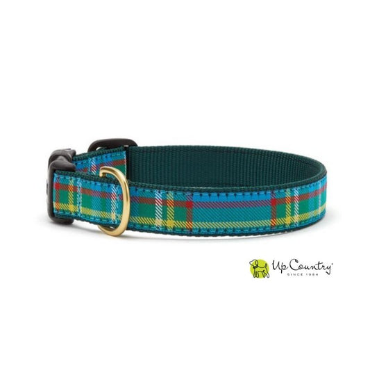 Green and blue tartan plaid dog collar with Up Country logo on a white background