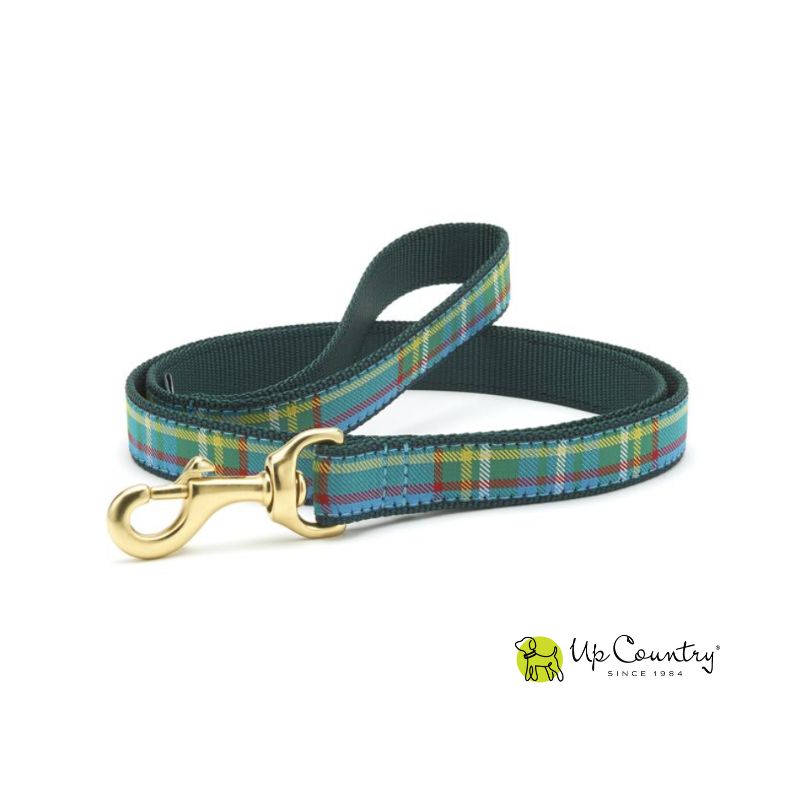 Green tartan plaid dog leash with gold clasp on a white background, featuring the 'Up Country' brand logo.