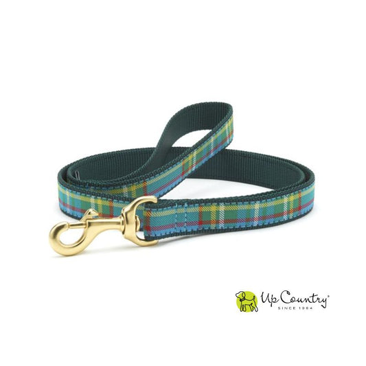 Green tartan plaid dog leash with gold clasp on a white background, featuring the 'Up Country' brand logo.