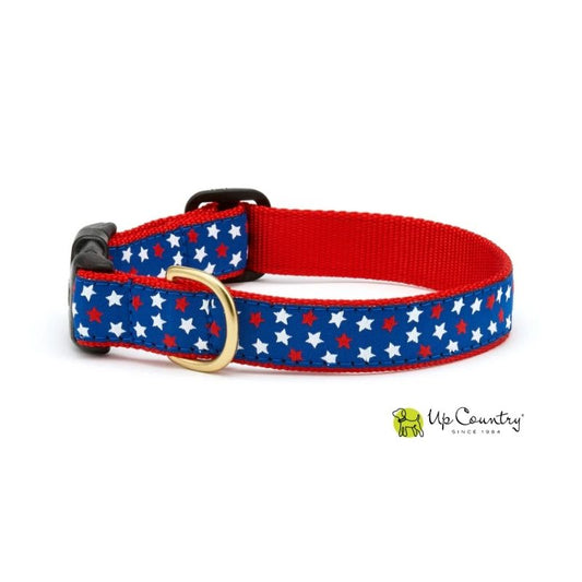 Dog collar with red, white, and blue stars pattern on a red webbing.