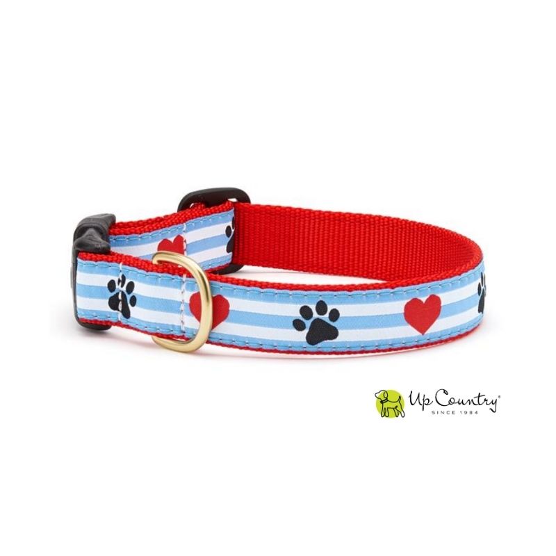 Dog collar with red and blue striped pattern featuring paw prints and hearts on a red webbing.