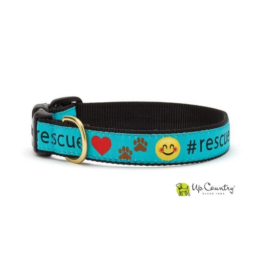 Dog collar with '#rescue' text and icons on a blue background with brass hardware