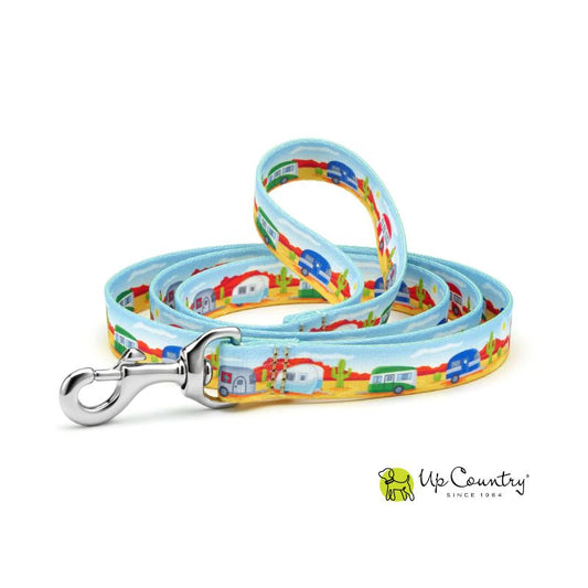 Colorful dog leash with cartoon camper van design on a white background, featuring the 'Up Country' brand.