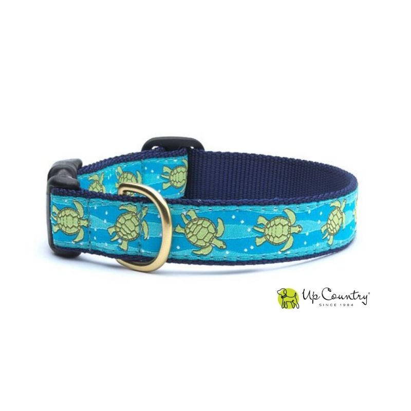 Dog collar with turtle pattern on a blue background, branded 'Up Country'.